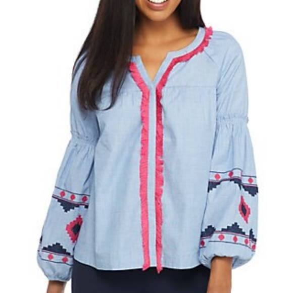 crown & ivy Tops - FRINGE Embroidered Chambray Scoup V-Neck Top LIKE NEW